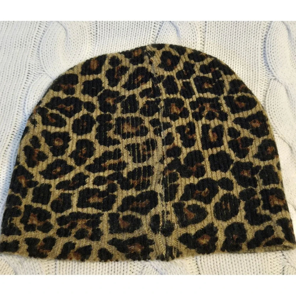 Michael Kors Leopard Print Knit Beanie‎ Hat Brown Black Acrylic Women's OSFA